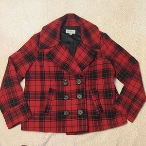 Merona Ladies XXL Red Black Lined Tartan Plaid Button Front Pea Coat Wool Jacket